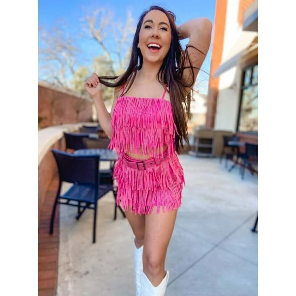 Spotlight Stealer Rhinestone Fringe Mini Skort Fuchsia - Picture 10 of 10